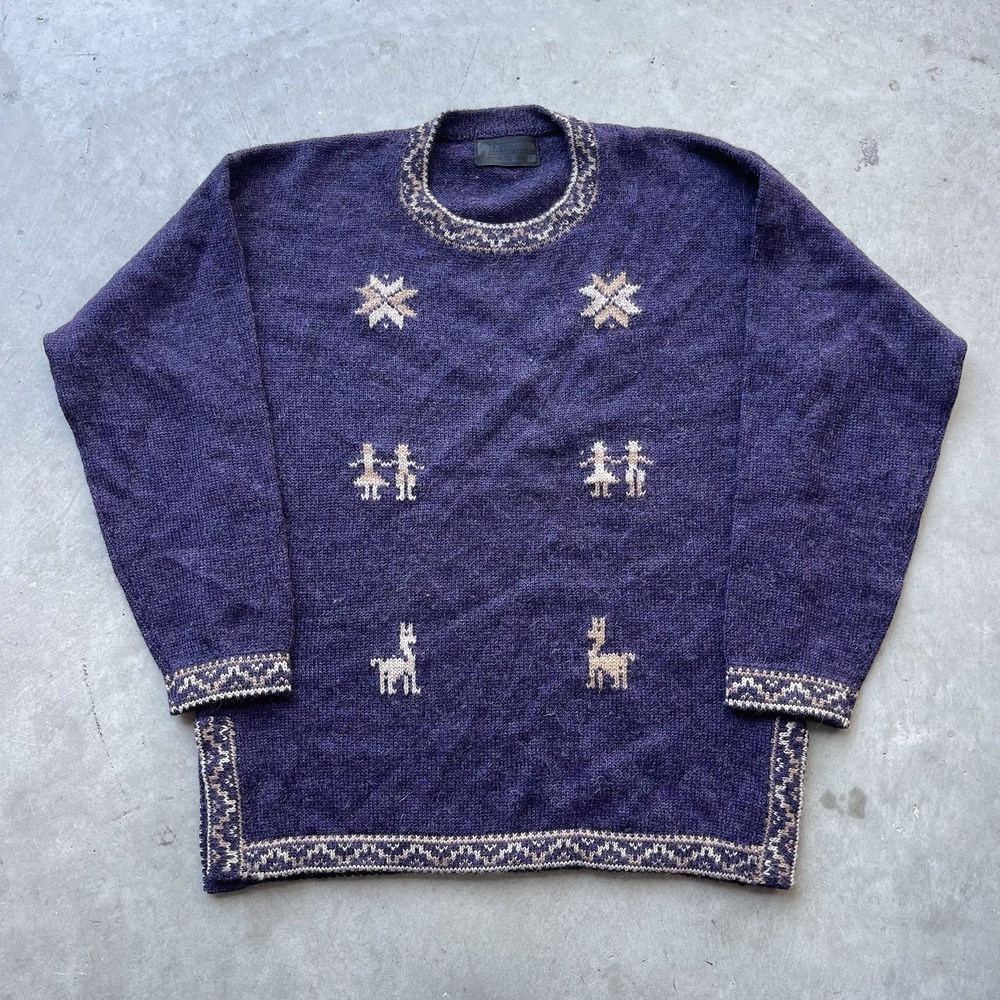 Vintage La Vicunita Baby Alpaca Wool Pattern Knit Sweater Navy‎ Womens XL
